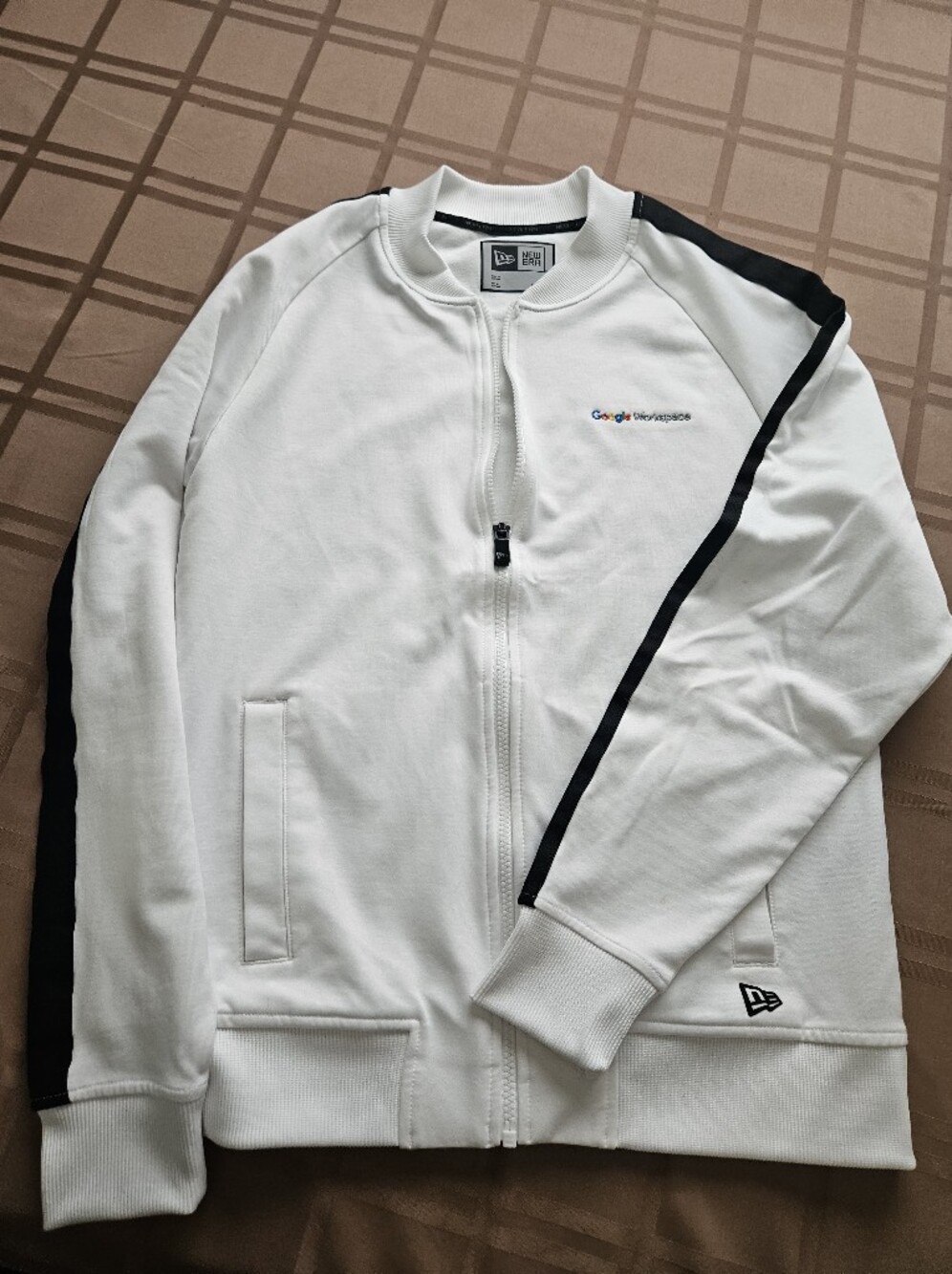 Google Workspace New Era White Zip-Up Sweater with Black Stripe